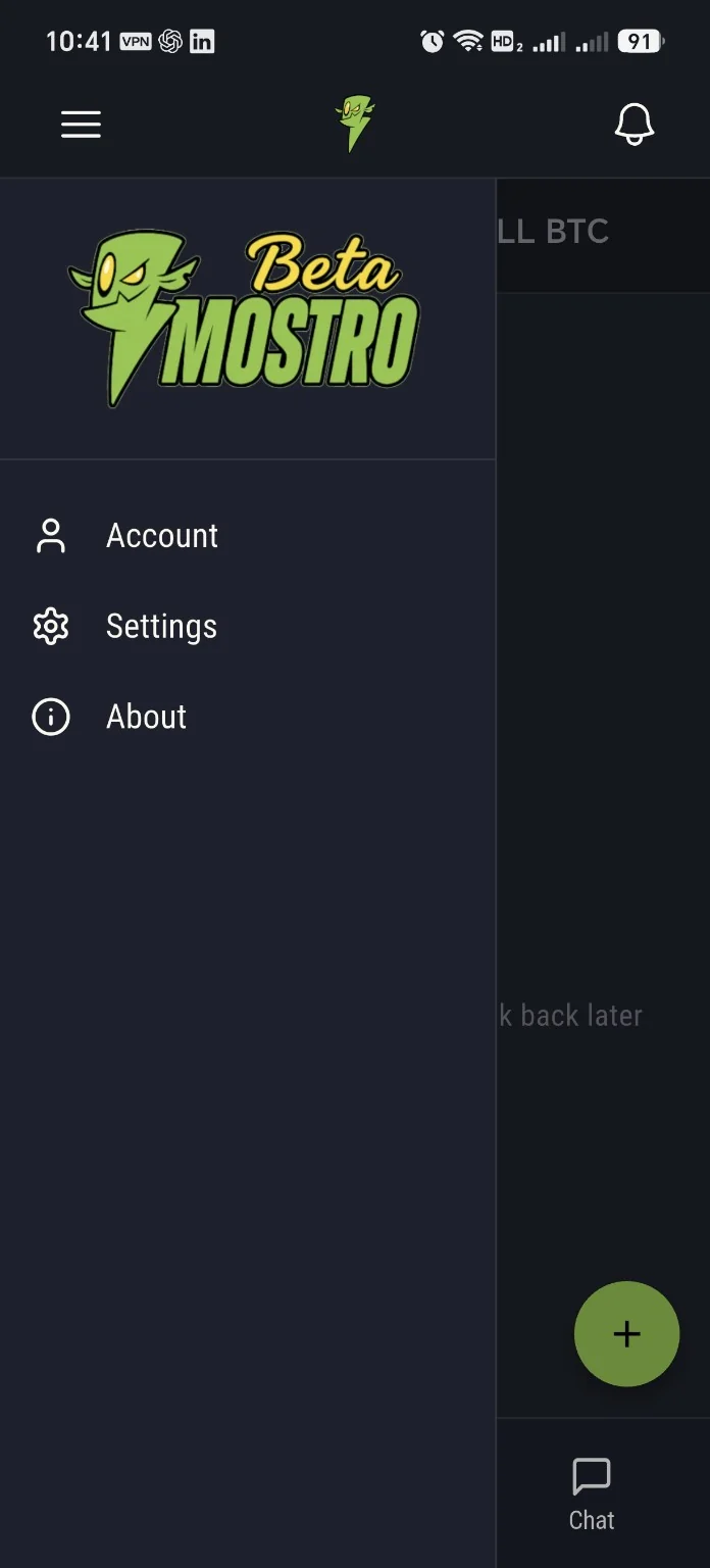 Mostro Mobile side menu showing Settings