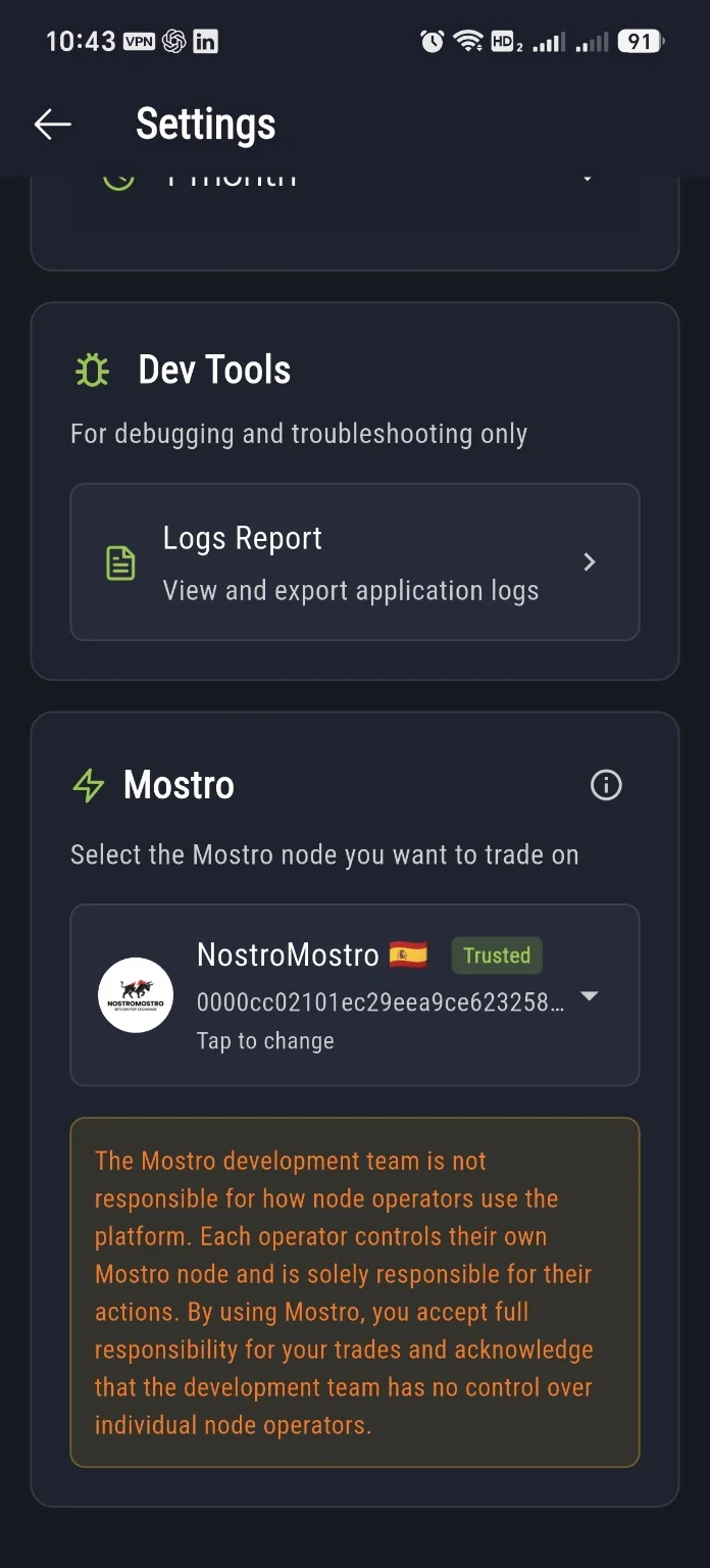 Mostro section in Mostro Mobile Settings showing the selected node