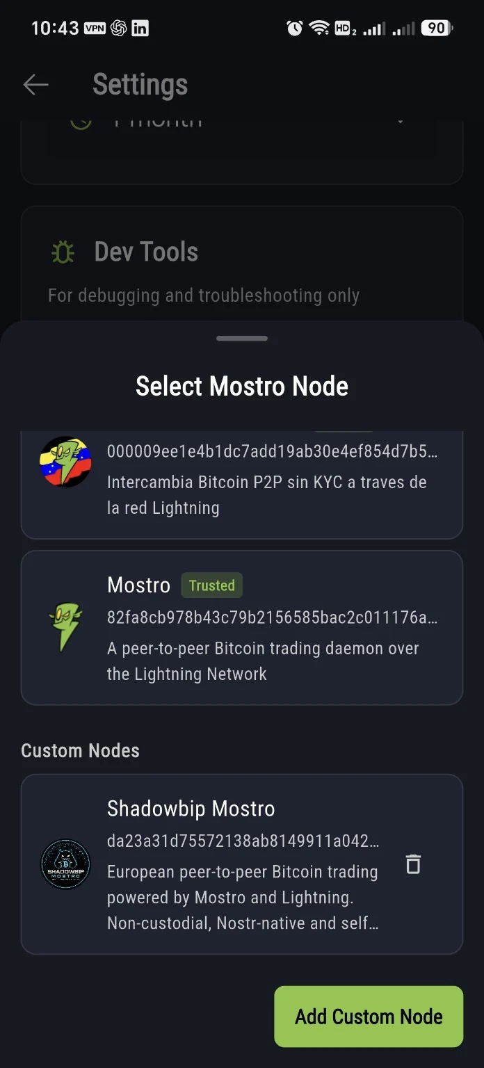 Mostro Mobile Select Mostro Node screen with Custom Nodes and Add Custom Node button