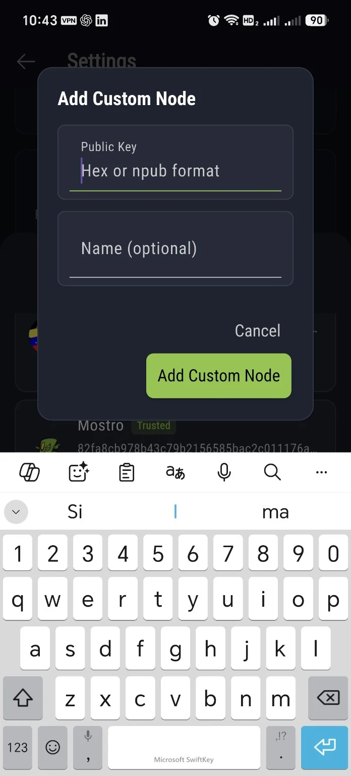 Mostro Mobile Add Custom Node dialog with Public Key field accepting hex or npub